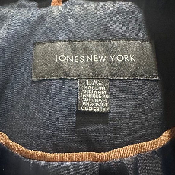 Sz M Womens Jones New York Trench Coat Mid Length Navy Belt Vent Full Zip satin - Picture 3 of 11